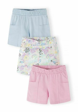 Trois paires de shorts pour enfants à taille élastique : bleu clair, multicolore pastel avec des arcs-en-ciel et des cœurs, et rose uni, tous avec des poches avant.