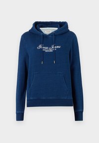 Hoodie bleu marine en mélange de coton, avec une poche kangourou, un capuchon avec cordon de serrage et un logo "Guess Jeans" brodé sur le devant.