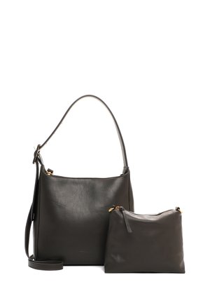 Lederhandtaschen-Set in Dunkelgrau, bestehend aus einer großen Schultertasche mit glatter Textur und einer kleineren Tasche mit goldenen Hardware-Akzenten.