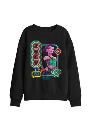 Black sweatshirt featuring a neon-style illustration of a female character with short hair and green top, text "NOEY" and "K-POP Demon Hunters."