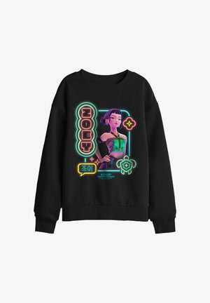 Black sweatshirt featuring a neon-style illustration of a female character with short hair and green top, text "NOEY" and "K-POP Demon Hunters."