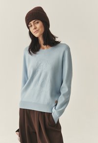 Helesinine kampsun, millel on reljeefne karu disain ja soonikkoes. Kombineeritud tumedate pruunide pükstega, millel on küljetasku detail.