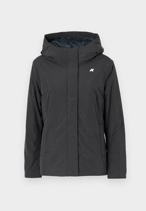 Giacca con cappuccio grigio scuro caratterizzata da una texture liscia e opaca, zip frontale e design minimalista con un piccolo logo sul petto.