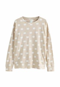Beige långärmad sweatshirt med ett upprepat mönster av vita pumpor. Tillverkad av mjukt tyg, med rundad halsringning och ribbade muddar.