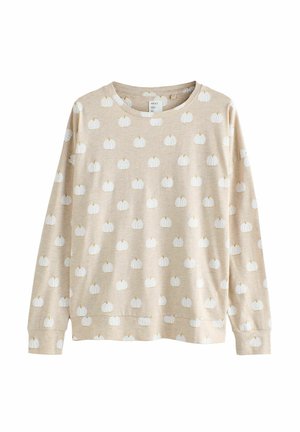 Sudadera de manga larga beige con un patrón repetido de calabazas blancas. Fabricada en un material suave, con un cuello redondeado y puños acanalados.