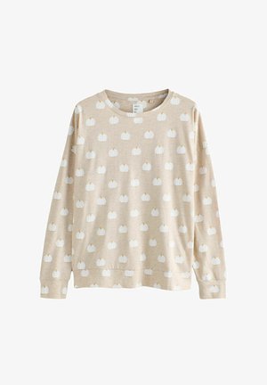 Beige langærmet sweatshirt med et gentaget hvidt græskar mønster. Fremstillet af blødt stof, med rund halsudskæring og ribbede manchetter.