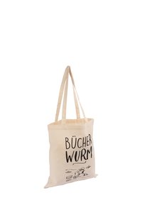 Borsa in tela di colore naturale con la scritta "BÜCHER WURM" in lettere nere in grassetto e un'illustrazione a cartone di un personaggio verme dei libri.