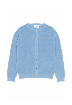 Svetlomodrý pletený kardigán s okrúhlym výstrihom, rebrovanými manžetami a zapínaním na gombíky. Hladká textúra s jemným vzorom po celom povrchu.