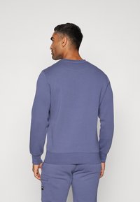 Sweatshirt en violet atténué, avec un col rond, des manches longues et un ourlet côtelé. Tissu doux au toucher lisse et à la décoration minimale.