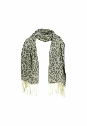 Écharpe à imprimé léopard en tissu gris doux, avec des extrémités à franges. Légère et de forme rectangulaire, adaptée à diverses options de style.
