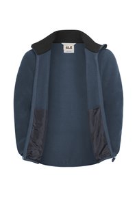 Giacca in pile di colore blu scuro, con colletto nero, zip frontale e due tasche laterali in tessuto liscio. Interno morbido e con texture.