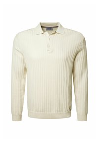 Helles cremefarbenes, geripptes Langarm-Polo-Pullover mit klassischem Kragen und einer Drei-Knopf-Leiste, ausgestattet mit einem strukturierten Strickdesign.
