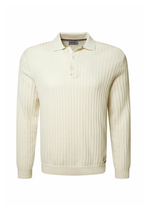 Lichtcrème geribbelde lange mouwen polo trui met een klassieke kraag en een drie-knoopsluiting, met een textuur gebreid ontwerp.