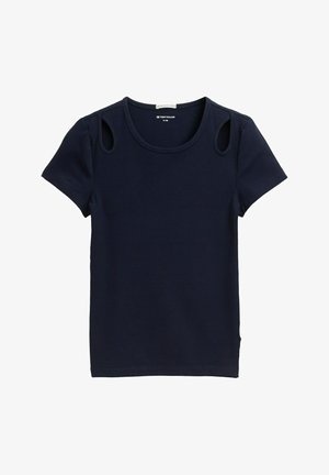 Tricou din tricot cu dungi, de culoare albastru marin, cu mâneci scurte, care prezintă detalii decupate la umeri și un guler rotund. Textură moale, design casual.