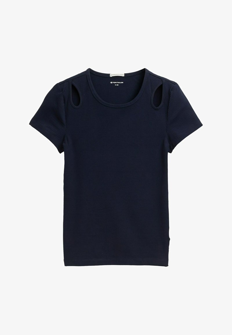 Granatowa, prążkowana koszulka z krótkim rękawem z wycięciami na ramionach i okrągłym dekoltem. Miękka faktura, swobodny styl.