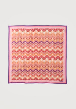 Square scarf with zigzag pattern in shades of red, orange, pink, and purple, with "MISSONI" logo in the bottom corner.