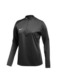 Schwarzes Langarm-Sportoberteil aus glattem Material, mit einem Viertel-Reißverschluss-Kragen und einem weißen Nike-Logo auf der linken Brust.
