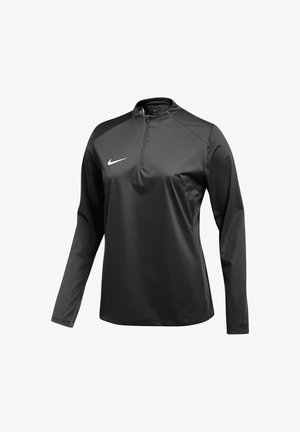 Schwarzes Langarm-Sportoberteil aus glattem Material, mit einem Viertel-Reißverschluss-Kragen und einem weißen Nike-Logo auf der linken Brust.