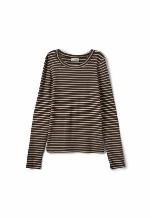 Chemise marron à manches longues avec des rayures horizontales blanches et un col rond, présentée sur fond blanc.