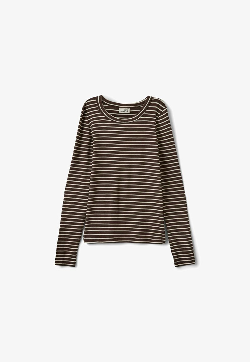Chemise marron à manches longues avec des rayures horizontales blanches et un col rond, présentée sur fond blanc.