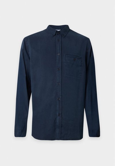 Navy blue long-sleeve button-up shirt with a collar and a single chest pocket with a button on a plain background.