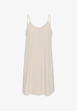 Heled helebeige puuvillane libisev kleit reguleeritavate õhkpaanidestega, kogumise detailiga rinna piirkonnas ja A-line siluetiga.