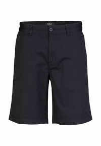 Pantaloni corti blu navy realizzati in un tessuto leggero, con chiusura a bottone, due tasche frontali e orlo su misura, con cuciture minime visibili.