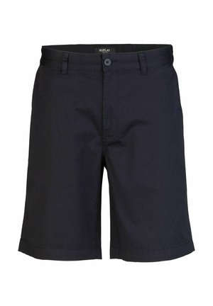 Shorts bleu marine en tissu léger, dotés d'une fermeture à bouton, de deux poches avant et d'un ourlet ajusté, avec des coutures visibles minimales.
