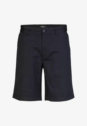 Navy blue shorts made of lightweight fabric, featuring a button closure, two front pockets, and tailored hem, with minimal visible stitching.