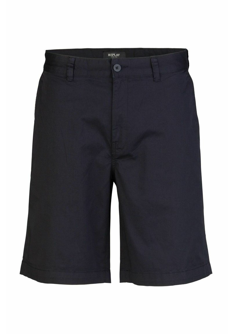 Pantaloni corti blu navy realizzati in un tessuto leggero, con chiusura a bottone, due tasche frontali e orlo su misura, con cuciture minime visibili.