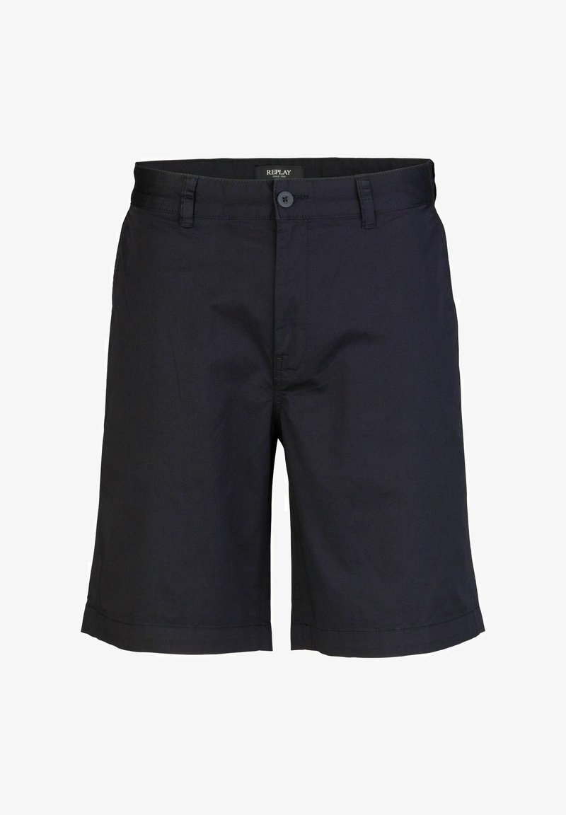 Marineblauwe shorts van lichtgewicht stof, met een knoopsluiting, twee voorzakken en een taillerand, met minimale zichtbare stiksels.