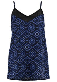 Caraco noir sans manches avec fines bretelles et motif géométrique bleu en forme de losanges, avec un panneau en maille noire transparente au niveau de l'encolure.