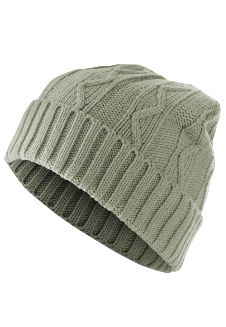 Berretto lavorato a maglia di colore verde chiaro, con un design a trecce testurizzate sulla parte superiore e un bordo a coste. Tessuto morbido con un aspetto accogliente e caldo.