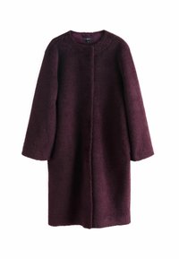 Burgunderfarbener Mantel aus strukturiertem, fusseligem Material. Verfügt über einen runden Halsauschnitt, lange Ärmel und einen geraden Schnitt. Keine sichtbaren Verschlüsse.