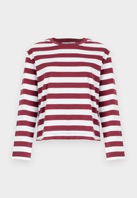 Camicia a maniche lunghe con righe orizzontali bordeaux e bianche, scollo rotondo, design leggermente accorciato e morbido tessuto di cotone.