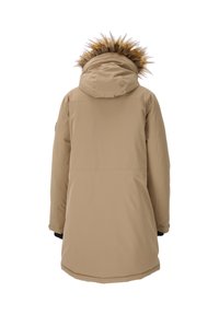 Beige parka dengan penutup kepala berbulu, lengan panjang, dan hem lurus. Menampilkan desain sederhana dan kain tahan lama untuk kehangatan.