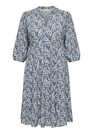 Bijela haljina do koljena s plavim cvjetnim uzorkom, V-izrezom i tričetvrt rukavima s naborima.