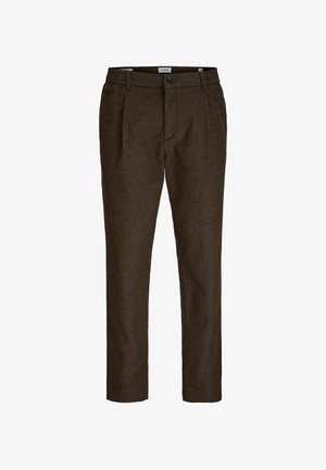 Brown trousers made of textured fabric, featuring a button closure, belt loops, and a straight leg design. No visible patterns or accents.