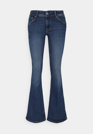 Dunkelblaue Denim-Jeans mit hoher Taille, klassischem Fünf-Taschen-Stil und auslaufenden Beinen.