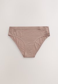 Slip bikini maro deschis, realizat dintr-un material moale cu dungi verticale subtile. Dispune de o talie lată, netedă și margini fără cusături.