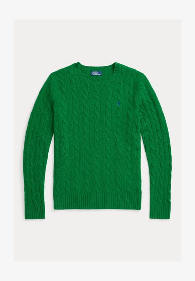 Πράσινο πουλόβερ με πλέξη κασμίρ, στρογγυλή λαιμόκοψη, ριμπ μανσέτες και ριμπ στρίφωμα. Διαθέτει ένα μικρό μπλε λογότυπο στο στήθος. Μαλακή υφή.