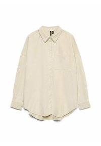 Light beige long-sleeve shirt with a collared neckline, button-down front, and single chest pocket. Soft, smooth fabric with a relaxed fit.