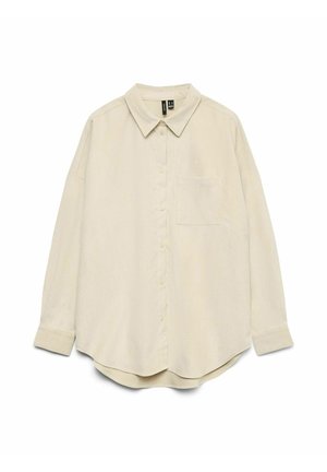 Camisa de manga larga color beige claro con cuello, frente con botones y un bolsillo en el pecho. Tejido suave y liso con un ajuste holgado.