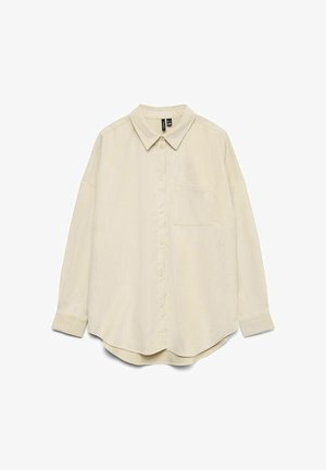 Lichtbeige langetermijn shirt met een kraag, knoopsluiting aan de voorkant en een enkele borstzak. Zachte, gladde stof met een comfortabele pasvorm.