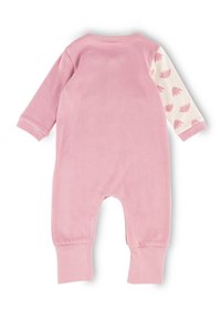 Pink cotton romper features long sleeves with a white arm displaying petal patterns. The design includes ribbed cuffs and a round neckline.