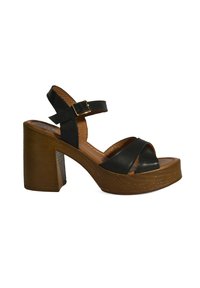 Schwarze Leder-Sandalen mit Absatz, breitem Vorderband, verstellbarem Knöchelriemen und klobigem Holzabsatz. Strukturiertes Detail am Absatz.