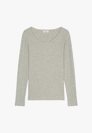 Light gray long-sleeve top made of textured fabric with a scoop neckline and ribbed pattern. Includes small flecks of darker colors throughout.
