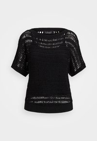 Maglione nero lavorato a maglia con maniche corte, caratterizzato da un design a trama aperta testurizzata e un orlo a coste. Collo rotondo e vestibilità rilassata.