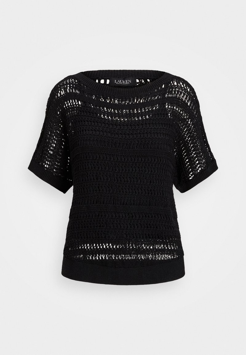 Maglione nero lavorato a maglia con maniche corte, caratterizzato da un design a trama aperta testurizzata e un orlo a coste. Collo rotondo e vestibilità rilassata.