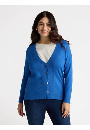 Blauwe gebreide cardigan met een V-hals, geribbelde accenten en vijf goudkleurige knopen aan de voorkant. Lange mouwen en een ontspannen pasvorm.